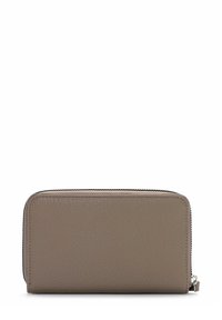 Zip-around wallet in light brown textured leather. Features rounded edges, contrasting zipper, and a sleek rectangular shape.