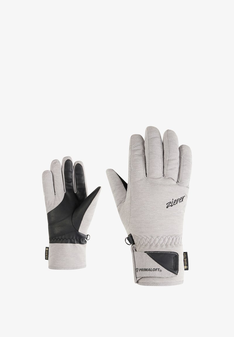 Textile gloves in light gray with a black leather palm. Features Primaloft insulation, textured finish, and adjustable wrist cuffs.