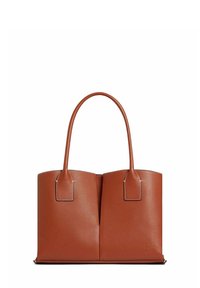 Sac tote en cuir marron avec deux poignées courtes, un design structuré et des coutures visibles. Dispose d'un compartiment divisé en haut.