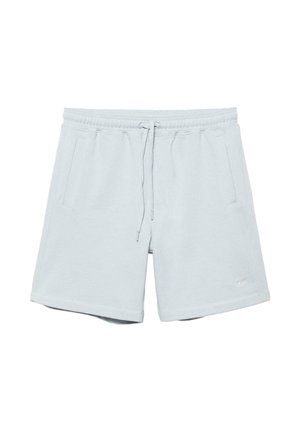 Jasnoszare bawełniane szorty z elastycznym pasem, sznurkiem, bocznymi kieszeniami i małym haftowanym logo na lewej nogawce.