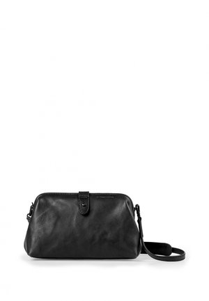 Black leather crossbody bag with a rounded shape, smooth texture, top zipper closure, and a removable shoulder strap.