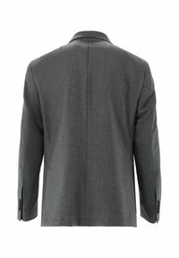 Grau Blazer mit klassischem Kragen, glatter Textur, doppelt belüftetem Rücken und geknöpften Manschetten. Minimalistisches Design mit einem dezenten Muster.