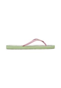 Single green flip-flop with pink textured straps and a tropical leaf pattern on the sole, shown from the side on a white background.