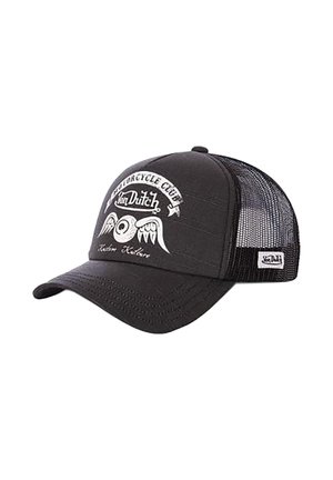 Black mesh trucker cap with "Von Dutch" logo, winged eyeball graphic, and "Motorcycle Club" text on front panel.