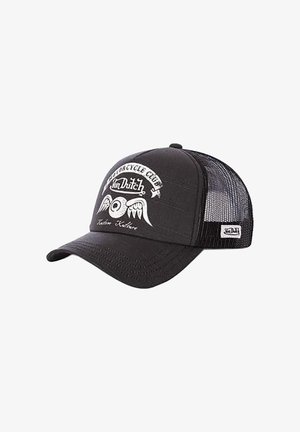 Schwarze Mesh-Trucker-Kappe mit "Von Dutch"-Logo, grafischem Flügelauge und dem Text "Motorcycle Club" auf der Vorderseite.