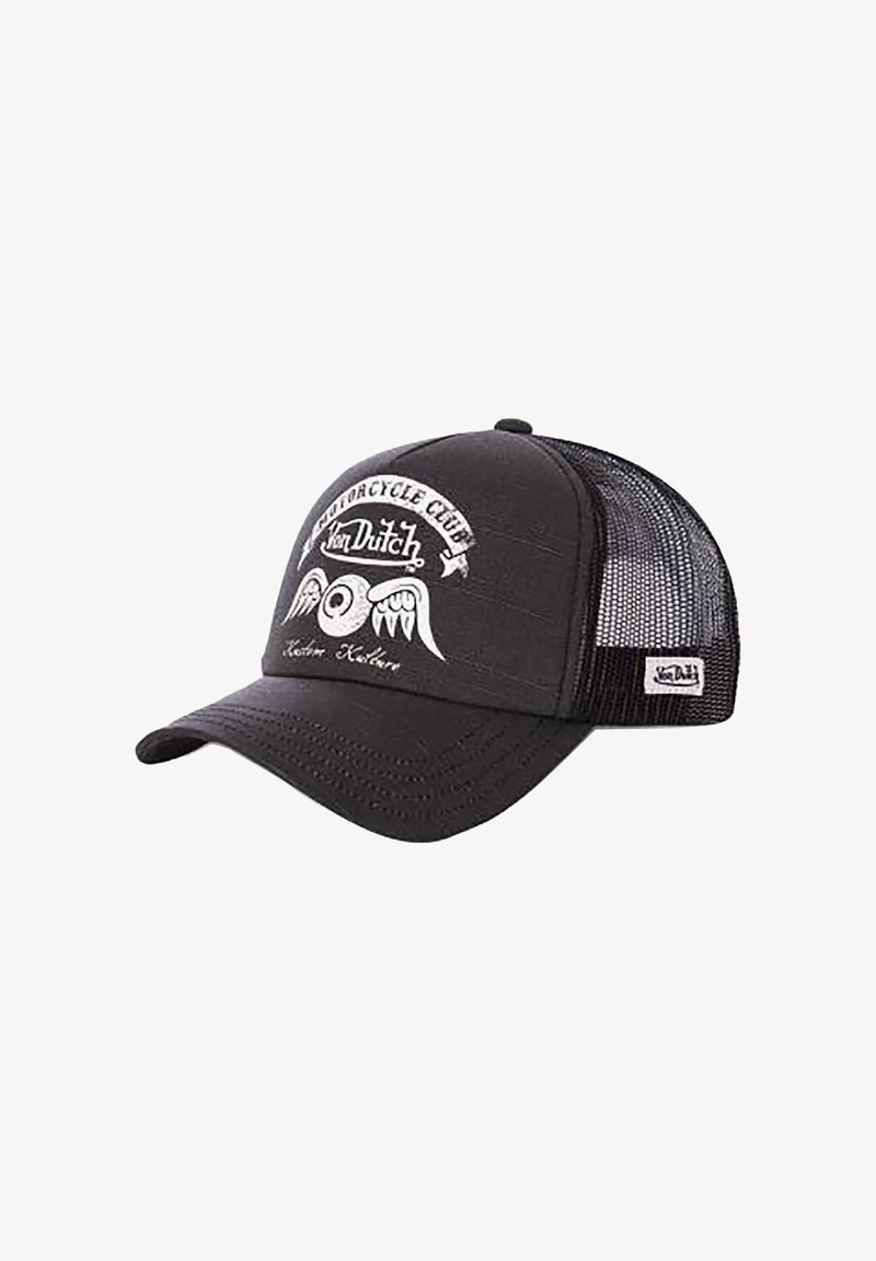 Gorra de camionero de malla negra con el logo "Von Dutch", gráfico de un ojo alado y texto "Motorcycle Club" en el panel frontal.