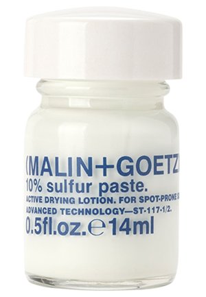Weißes Glasgefäß mit glänzendem weißen Deckel, etikettiert mit blauer Schrift, die 10% Schwefelpaste für zu Unreinheiten neigende Haut angibt. Volumen: 0,5 fl oz.