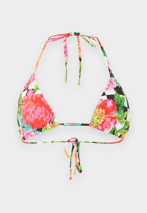 Dreieckiges Bikinioberteil mit pinkem, rotem, gelbem und grünem Blumenmuster, mit Neckholder und Rückenbändern mit goldfarbenen Endstücken.