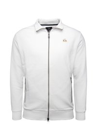 Sudadera blanca con cremallera y cuello alzado, que presenta un pequeño logo bordado y bolsillos laterales, fabricada en un suave tejido texturizado.