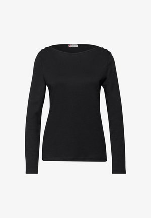 Czarna, dopasowana, długorękawowa damska bluzka z okrągłym dekoltem i małymi guzikami na ramionach.