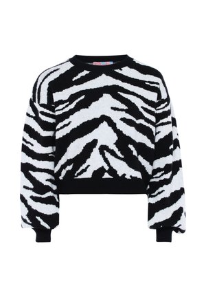 Black and white cropped sweater featuring a zebra stripe pattern, knitted texture, round neckline, and loose-fitting sleeves.