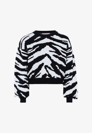 Schwarz-weißer, kurzer Pullover mit Zebramuster, gestrickter Textur, rundem Ausschnitt und lockeren Ärmeln.