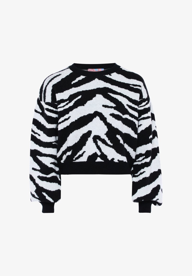 Maglione corto in bianco e nero con motivo a strisce zebrate, texture a maglia, scollatura rotonda e maniche ampie.
