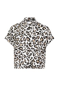 Short-sleeve, cropped leopard print shirt in white, black, and tan, featuring a button front and two front pockets.
