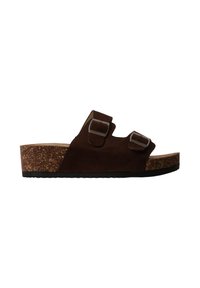 Sandale slide marron avec deux brides réglables et boucles argentées, semelle compensée en liège et semelle extérieure en caoutchouc noir, vue de profil.