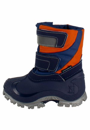 Child's winter boot in navy blue and orange; rubber sole with tread, Velcro straps, padded upper, and streamlined shape for comfort.