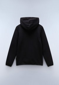 Zwarte hoodie met een gladde textuur, voorzien van een capuchon met trekkoord, lange mouwen en een effen achterzijde. Geen extra patronen of accenten.