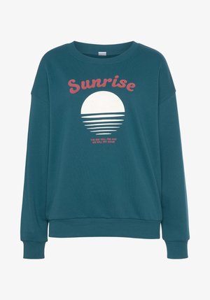 Felpa teal con scollatura rotonda e maniche lunghe. La grafica frontale mostra un'alba stilizzata con linee e testo in rosso. Texture morbida.