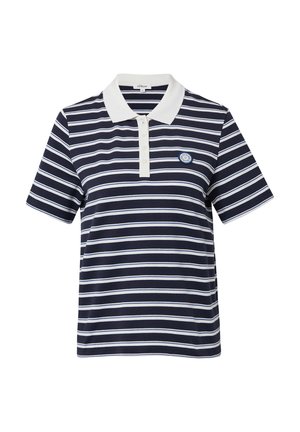 Marineblauwe en witte gestreepte polo-shirt van katoen, met een klassieke kraag, een placket met drie knopen en een ronde logo patch op de borst.