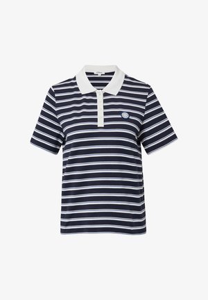 Marineblauwe en witte gestreepte polo-shirt van katoen, met een klassieke kraag, een placket met drie knopen en een ronde logo patch op de borst.