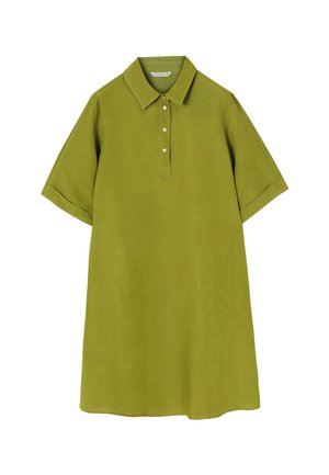 Abito polo in lino verde con maniche corte, colletto e abbottonatura. Tessuto liscio e vestibilità ampia, con orlo dritto.