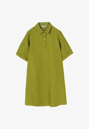 Roheline linane polo kleit lühikeste varrukate, krae ja nööbiseriaali with. Sile tekstuur ja vabalt langev lõige, sirge hemline.