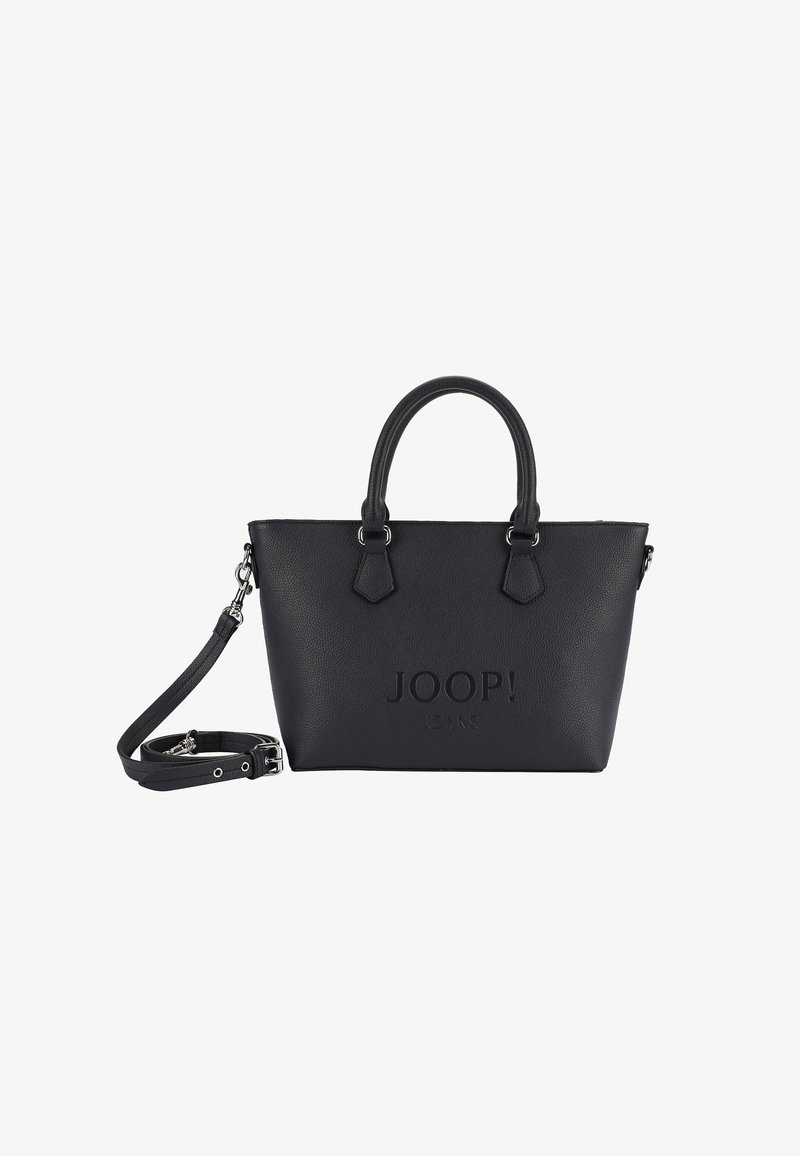 Sac fourre-tout en cuir noir texturé avec poignées doubles et bandoulière réglable. Présente un logo de marque embossé sur le devant.