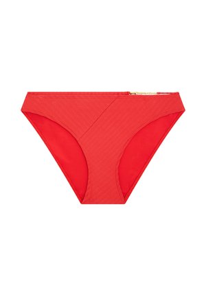Bas de bikini rouge pour femme avec un motif côtelé diagonal et une petite fermeture éclair décorative en or sur le côté.