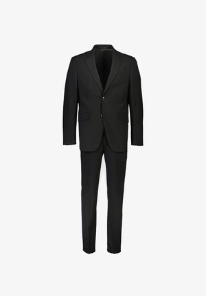 Zwarte suit met een enkele knoopjas met notch revers, twee voorzakken en rechte pantalon, gemaakt van een soepele stof.