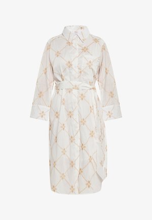 Vestido camisero de manga larga con cuello, botones frontales, cinturilla con lazo y tejido crema con patrones de bordado geométrico en dorado.