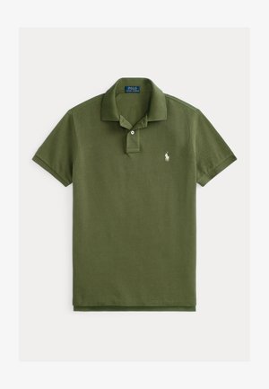 Olive green polo shirt made of textured cotton with a two-button placket, short sleeves, and a small white embroidered logo on the chest.