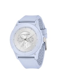 Orologio blu in silicone con quadrante silver, dotato di ore, minuti e sotto-quadranti. Il cinturino testurizzato e gli indicatori delle ore chiari migliorano la leggibilità.