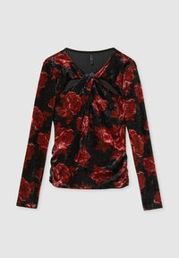 Top lungo a maniche nere in velluto con stampa di rose rosse, dettaglio arricciato in vita e design del collo attorcigliato.Texture morbida in tutto il capo.