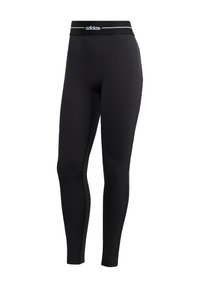 Black leggings made of stretchy fabric, featuring a wide waistband with "adidas" logo in white and smooth, seam-free legs.