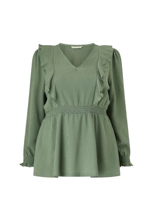 Groene blouse van textuurstof, met een V-hals, gerimpelde schouders en een elastische taille voor een gerimpelde silhouet met lange mouwen.