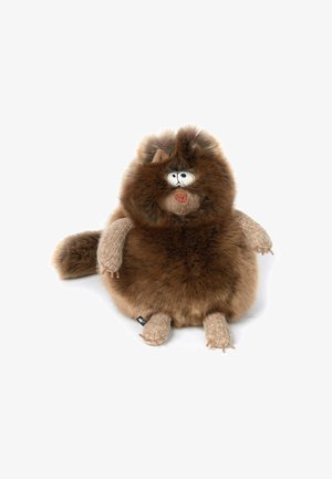 Brown plush toy resembling a cat, featuring a fuzzy body, beige knitted paws, large eyes, and a small pink nose. Round shape with a tail.