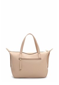 Bēša ādas tote soma ar diviem augšējiem rokturiem, rāvējslēdzēja aizdari un priekšējo kabatu. Teksturēta virsma ar zelta krāsas metāla akcentiem.