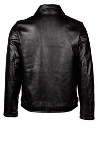 Veste en cuir noir à coupe droite, avec col cranté et zips latéraux. Texture lisse avec des plis subtils pour le détail.