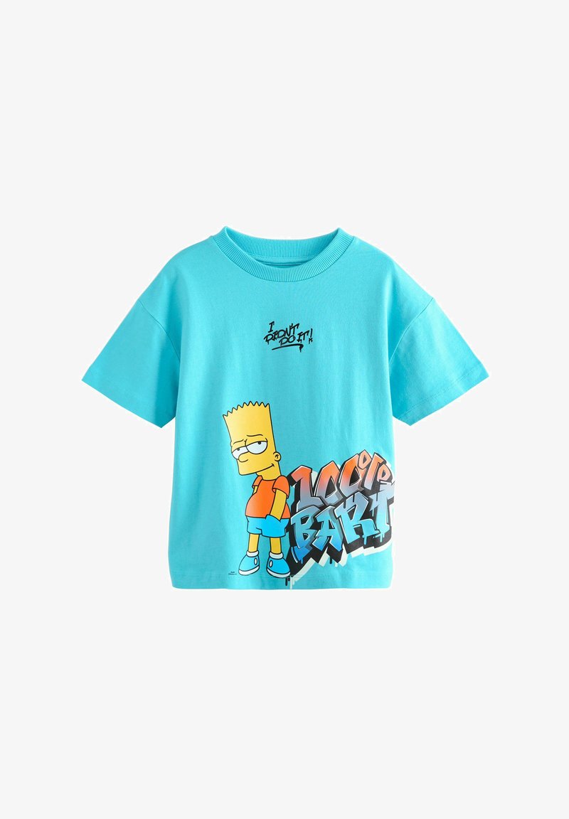 Hellblaues T-Shirt mit kurzen Ärmeln, Bart-Simpson-Grafik und Graffiti-Text mit der Aufschrift "I didn't do it!" auf der Vorderseite.