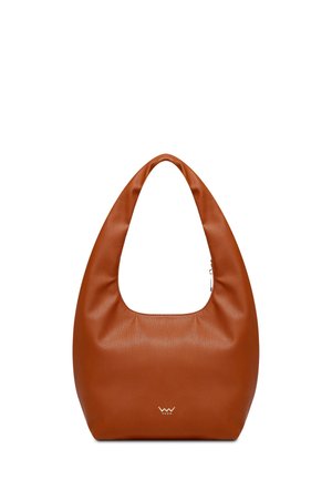 Brown faux leather hobo bag with a curved handle, smooth texture, and a subtle logo accent at the bottom front.