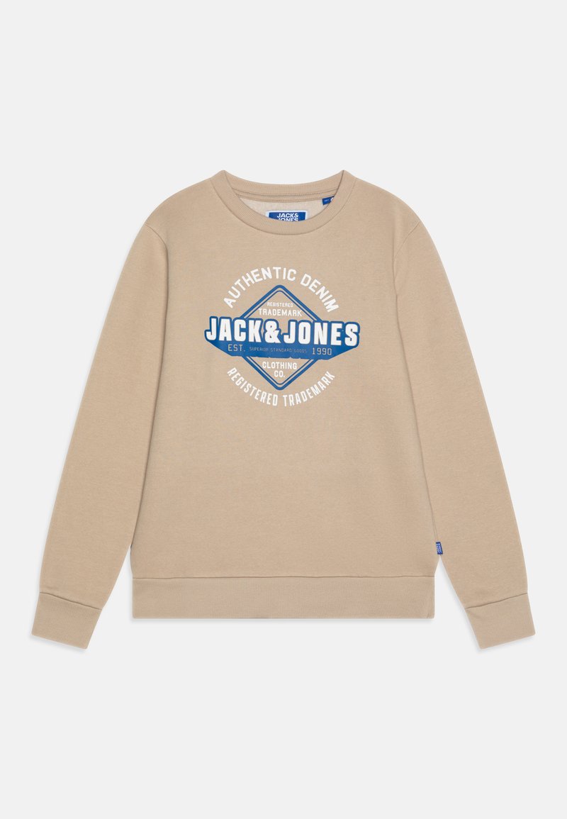 Beige sweatshirt with crew neck, long sleeves, and ribbed cuffs. Features a blue and white printed logo design on the front.
