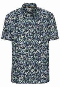 Korte mouw shirt in marineblauwe stof met een bladpatroon in groen en wit. Voorzien van knopen en een puntkraag.