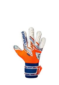 Guanto da portiere con corpo arancione brillante, dita in lattice bianco, motivo di presa testurizzata e una fascia blu e bianca con branding.