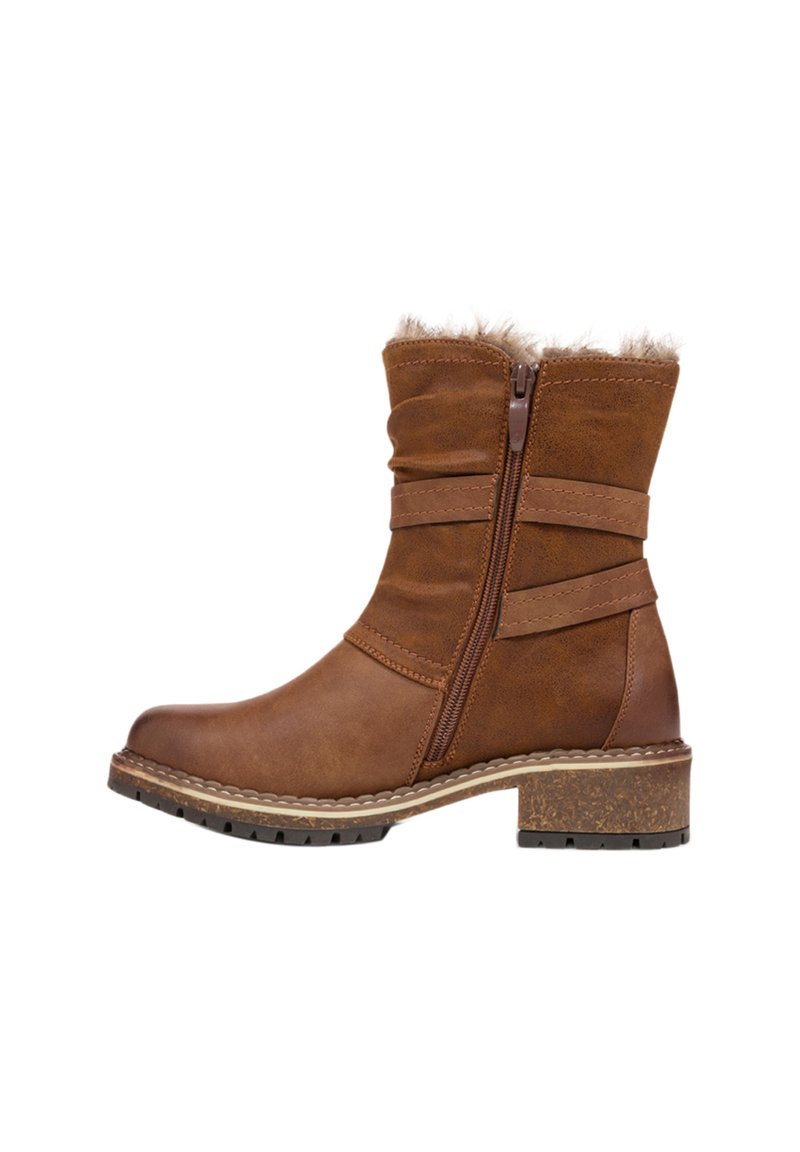 Bottes cheville marron en simili cuir, avec une fermeture éclair sur le côté, un upper texturé et un col en fausse fourrure. Talon épais avec une semelle contrastante.