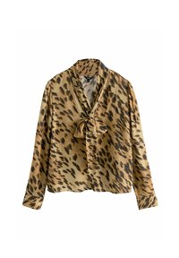Blouse à imprimé léopard en tissu léger et lisse. Présente un décolleté en V avec un détail noué et des manches longues avec des poignets boutonnés.