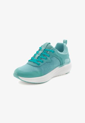Türkisfarbener Sportschuh mit atmungsaktivem Mesh-Obermaterial, Gummisohle, gepolstertem Kragen und flachen Schnürsenkeln, mit minimalistischem Design und Struktur.