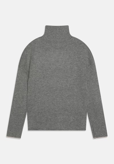 Pull à col roulé gris avec un col et des poignets côtelés, présentant une coupe ample et un motif tricoté texturé sur l'ensemble.