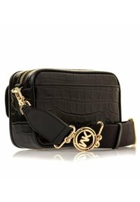 Borsa in ecopelle di coccodrillo nera, forma rettangolare, hardware dorato, tracolla removibile, chiusura con zip, superficie testurizzata.