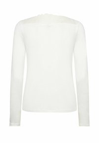 Weißes Langarmshirt mit einer Spitzenapplikation am Rückenkragen. Glatte Textur mit figurschmeichelnder Passform, rundem Saum und ohne zusätzliche Verzierungen.