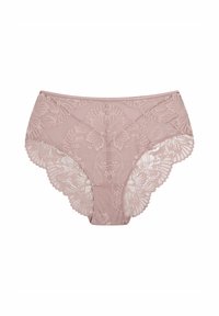 Lace high-waisted panties in soft pink, featuring floral patterns and scalloped edges, with a smooth inner lining.